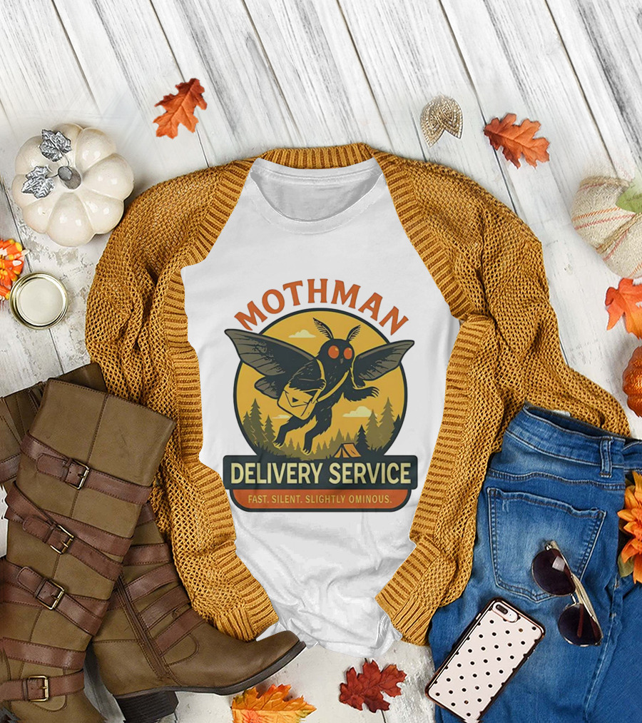 Mothman Delivery Service Fast Silent Slightly Ominous Retro Forest Imagery T-Shirt