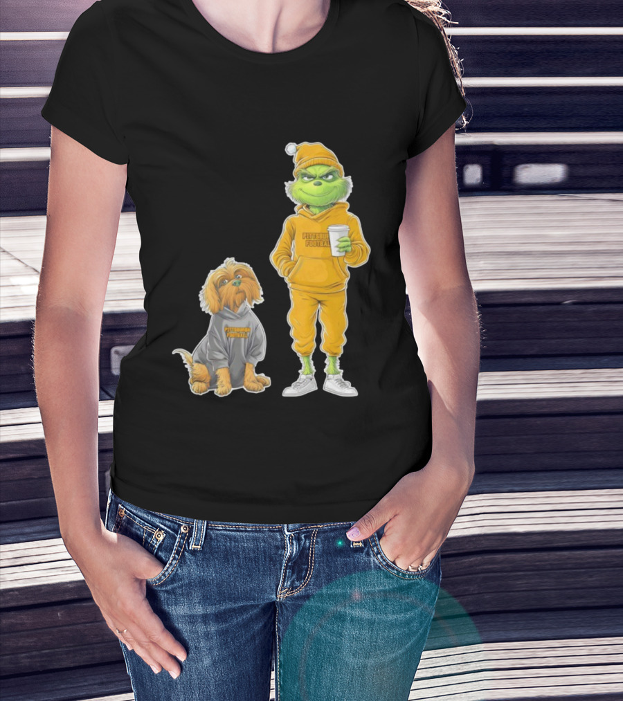 Pittsburgh Football Green Monster Grinch And Dog Christmas T-Shirt