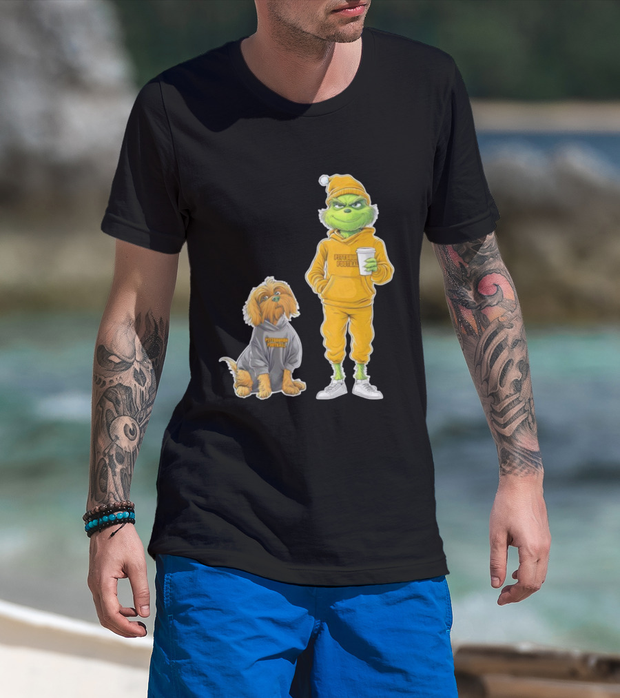Pittsburgh Football Green Monster Grinch And Dog Christmas T-Shirt