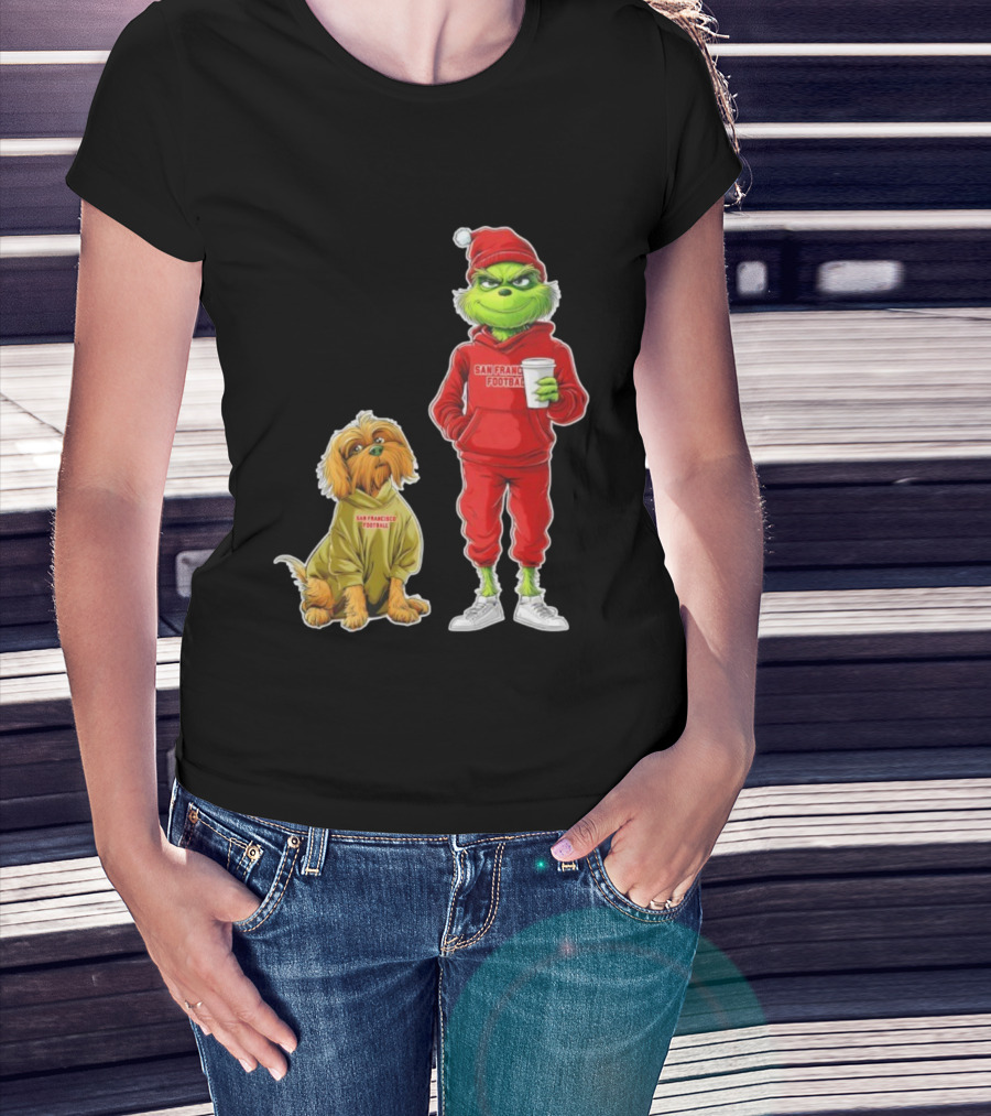 San Francisco Football Grinch And Dog Christmas 49ers Holiday T-Shirt