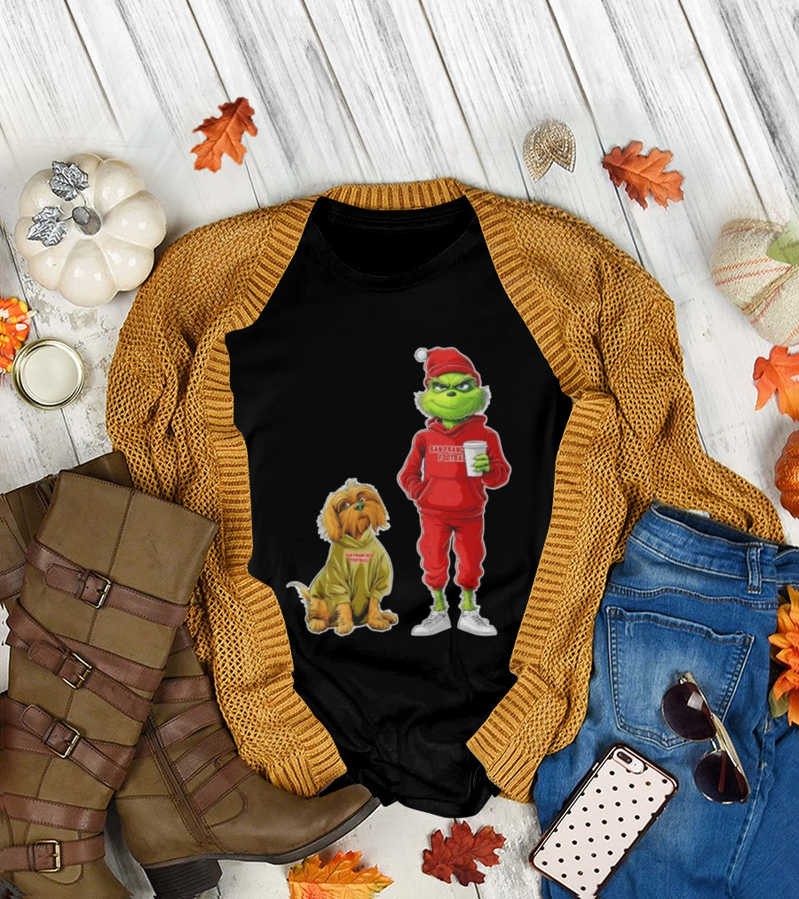San Francisco Football Grinch and Dog Christmas 49ers Holiday T-Shirt