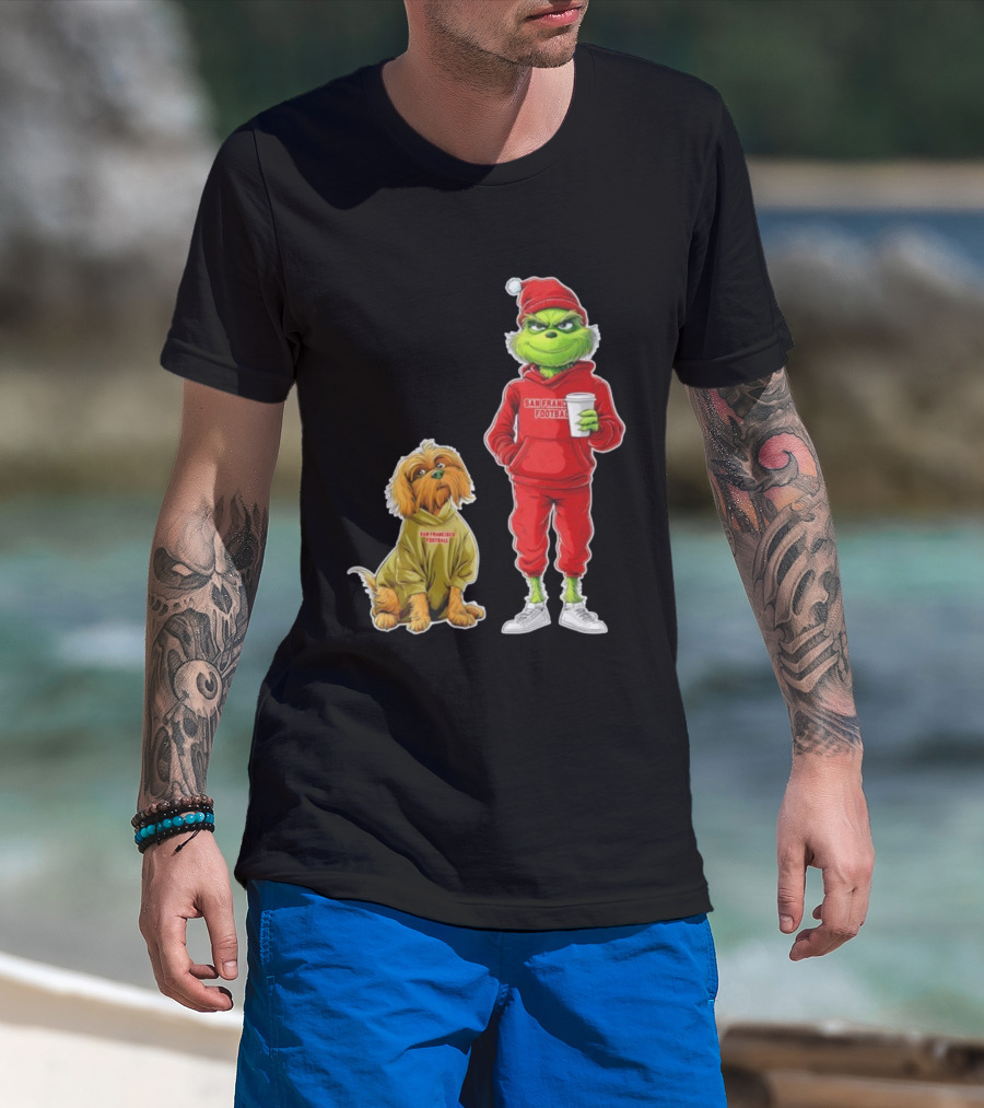 San Francisco Football Grinch And Dog Christmas 49ers Holiday T-Shirt