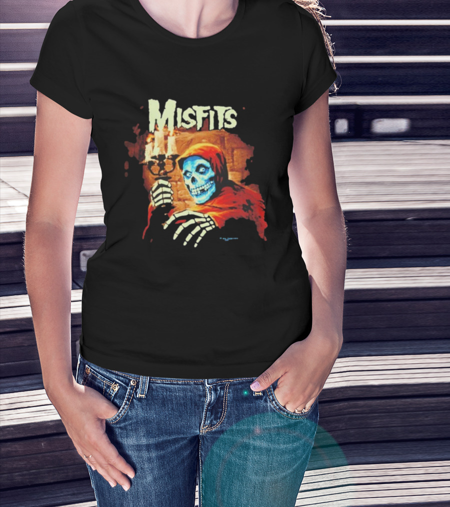 Misfits Candle Holding Skeleton In Red Hood T-Shirt