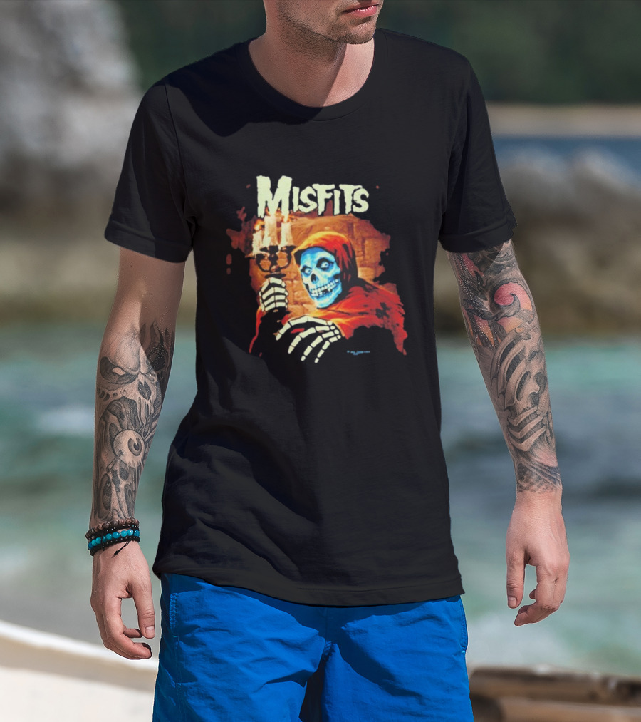 Misfits Candle Holding Skeleton In Red Hood T-Shirt