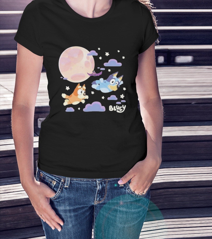Bluey Sleepy Time Characters Flying With Moon And Stars T-Shirt