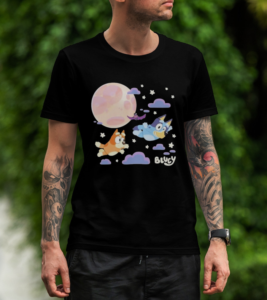 Bluey Sleepy Time Characters Flying With Moon And Stars T-Shirt