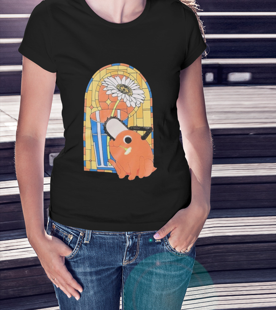 Chainsaw Man Pochita Stained Glass Flower And Chainsaw T-Shirt
