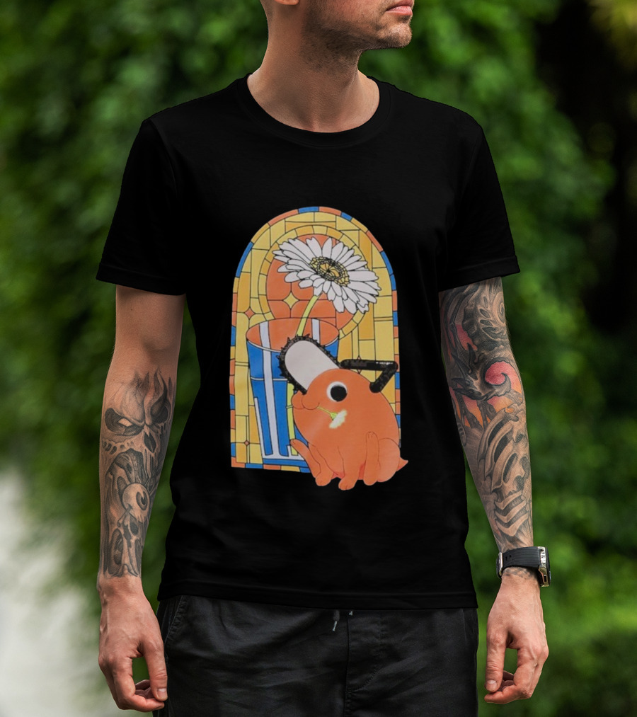 Chainsaw Man Pochita Stained Glass Flower And Chainsaw T-Shirt