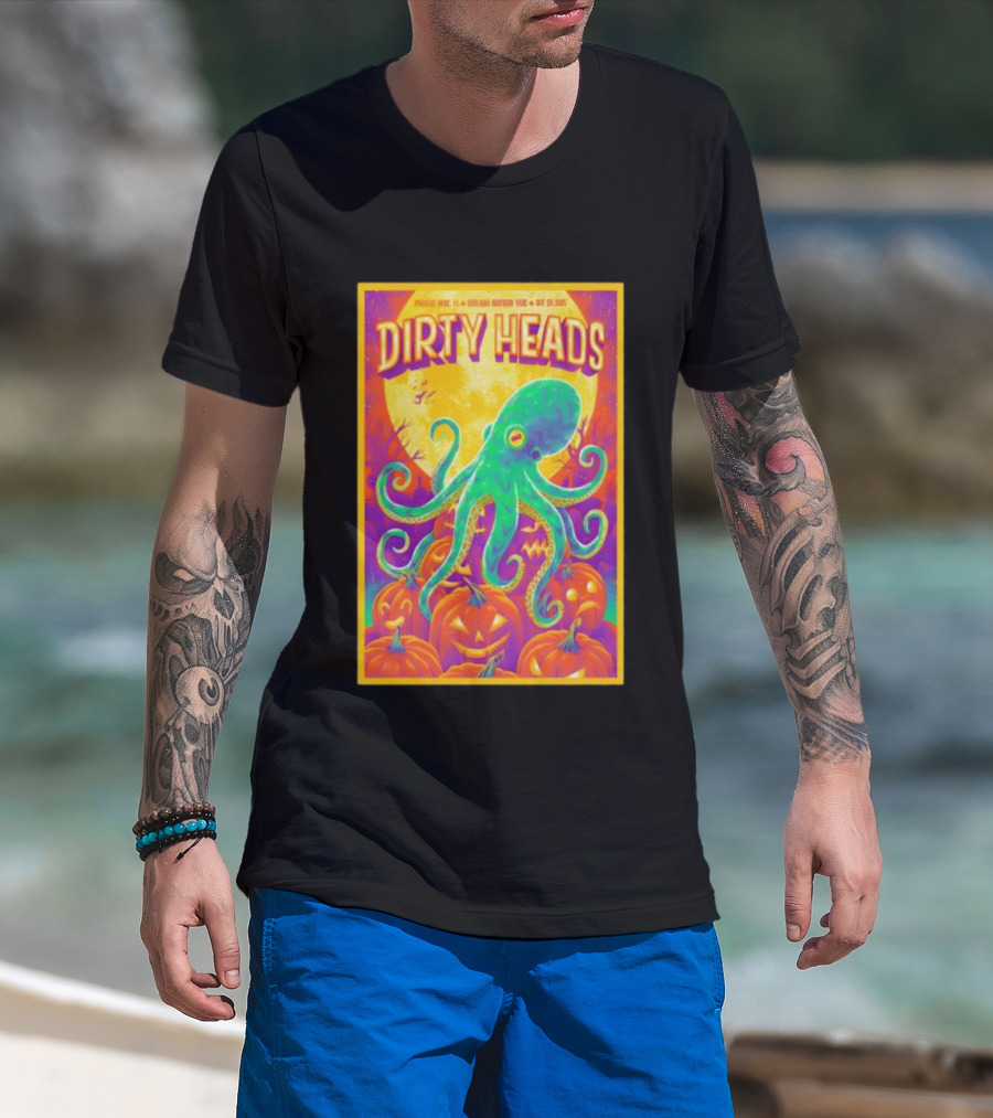 Dirty Heads October 26th 2025 England Brothers Bandshell Park Madeira Beach FL Halloween Octopus Pumpkin Art T-Shirt
