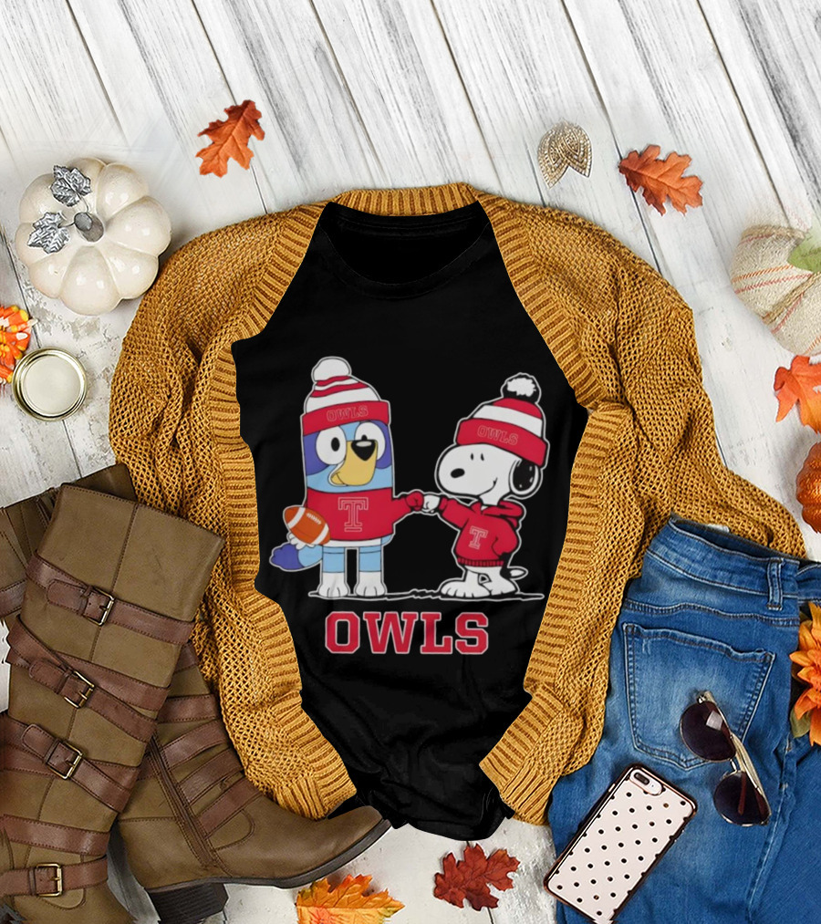 Snoopy Bluey Temple Owls Football Collaboration T-Shirt