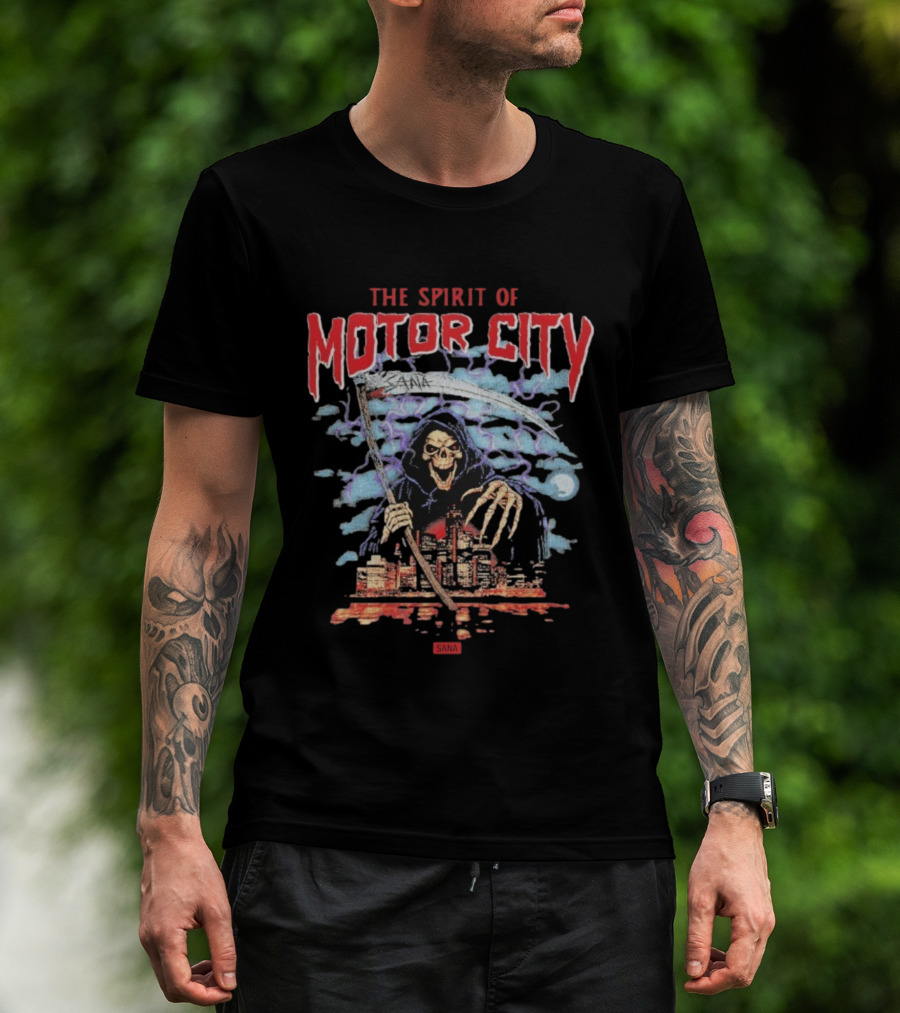 The Spirit Of Motor City Sana Grim Reaper Halloween Skeleton Scythe Urban Cityscape T-Shirt