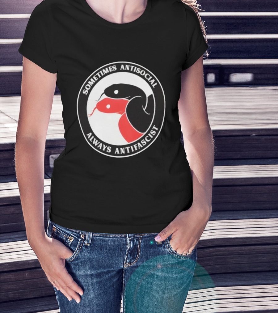Sometimes Antisocial Always Antifascist Snakes Circle Logo Two Snakes Black And Red T-Shirt