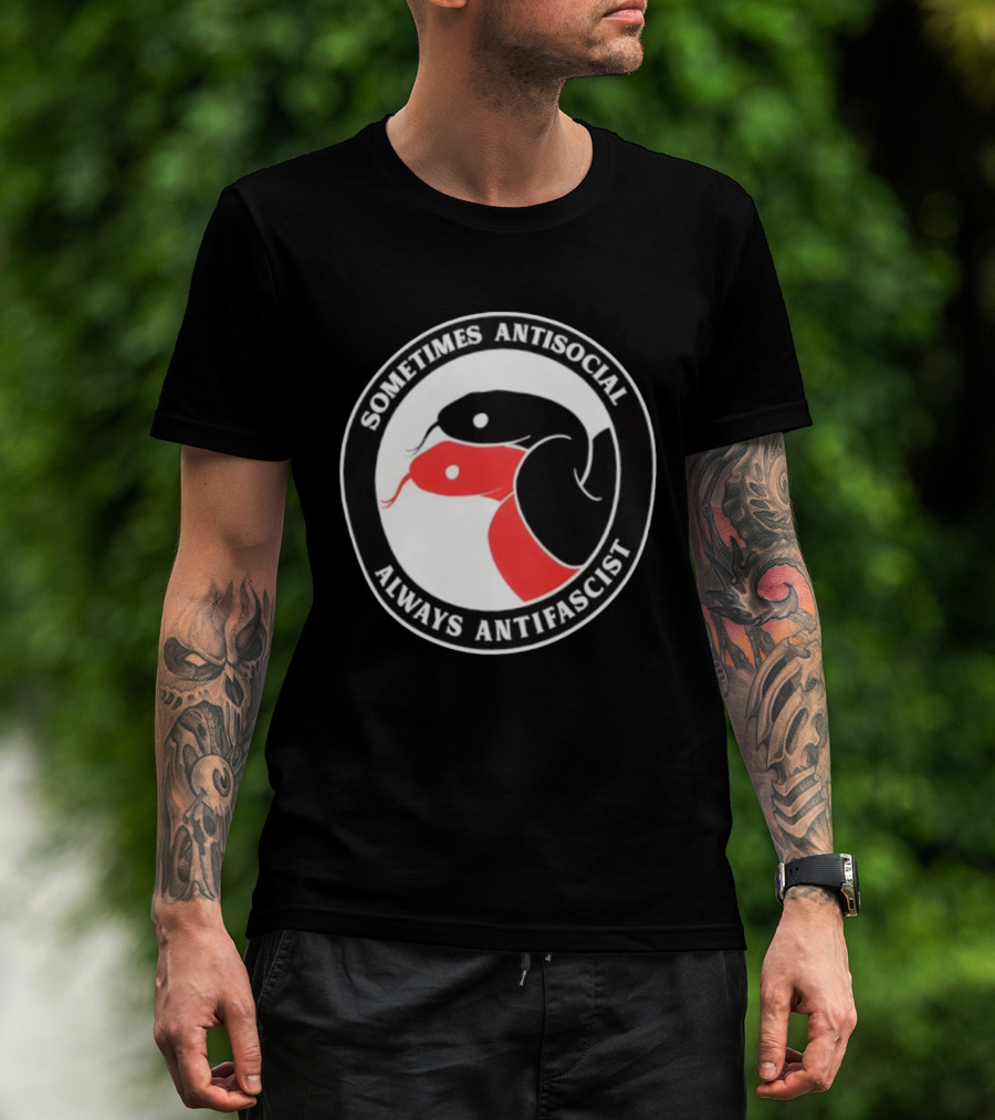 Sometimes Antisocial Always Antifascist Snakes Circle Logo Two Snakes Black And Red T-Shirt