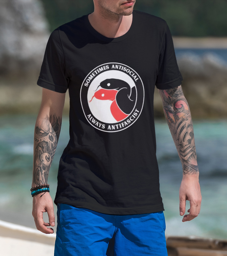 Sometimes Antisocial Always Antifascist Snakes Circle Logo Two Snakes Black And Red T-Shirt