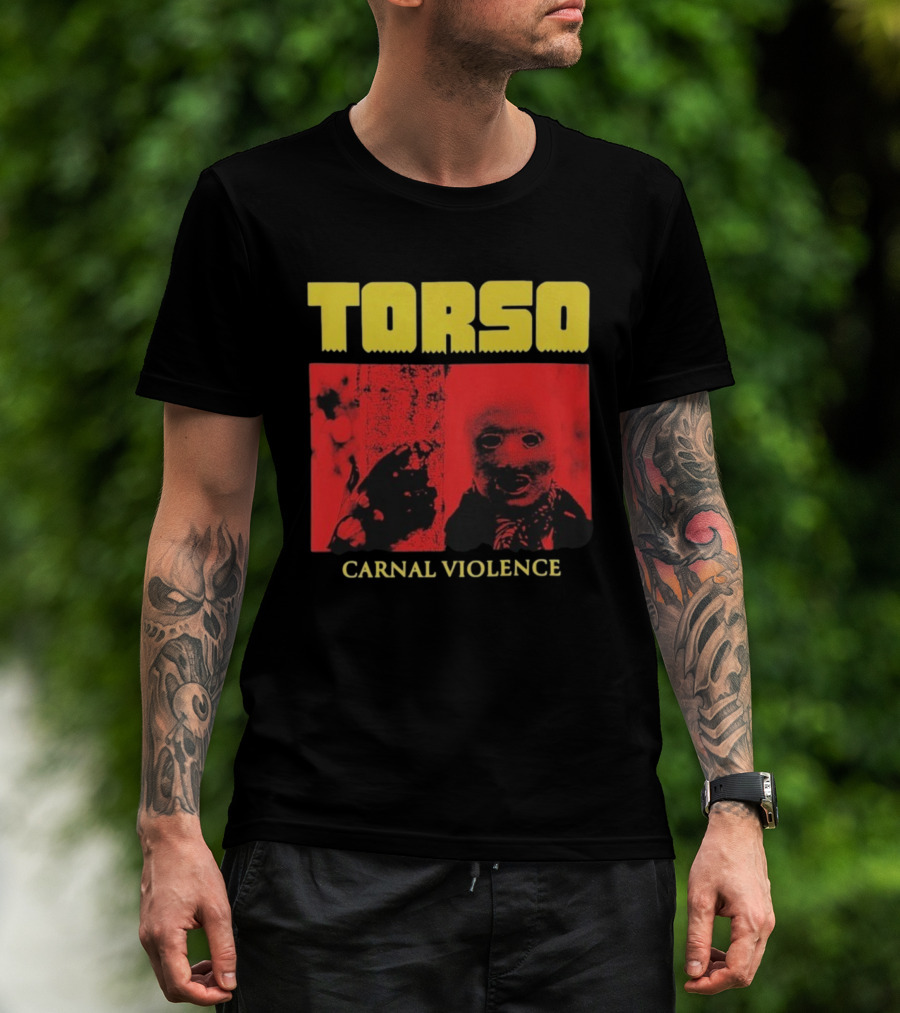 Torso Carnal Violence Horror Imagery Bold Yellow Text T-Shirt