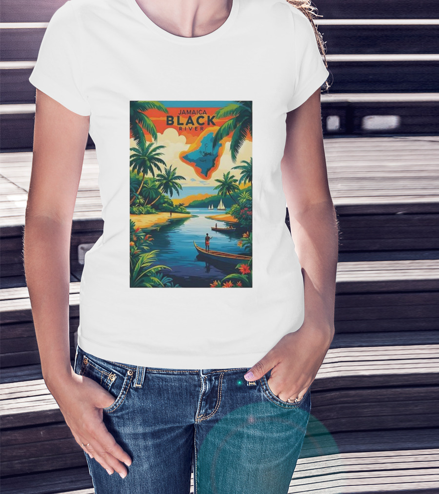 Jamaica Black River Vintage Travel Tropical Scenery With Palm Trees And Boats T-Shirt
