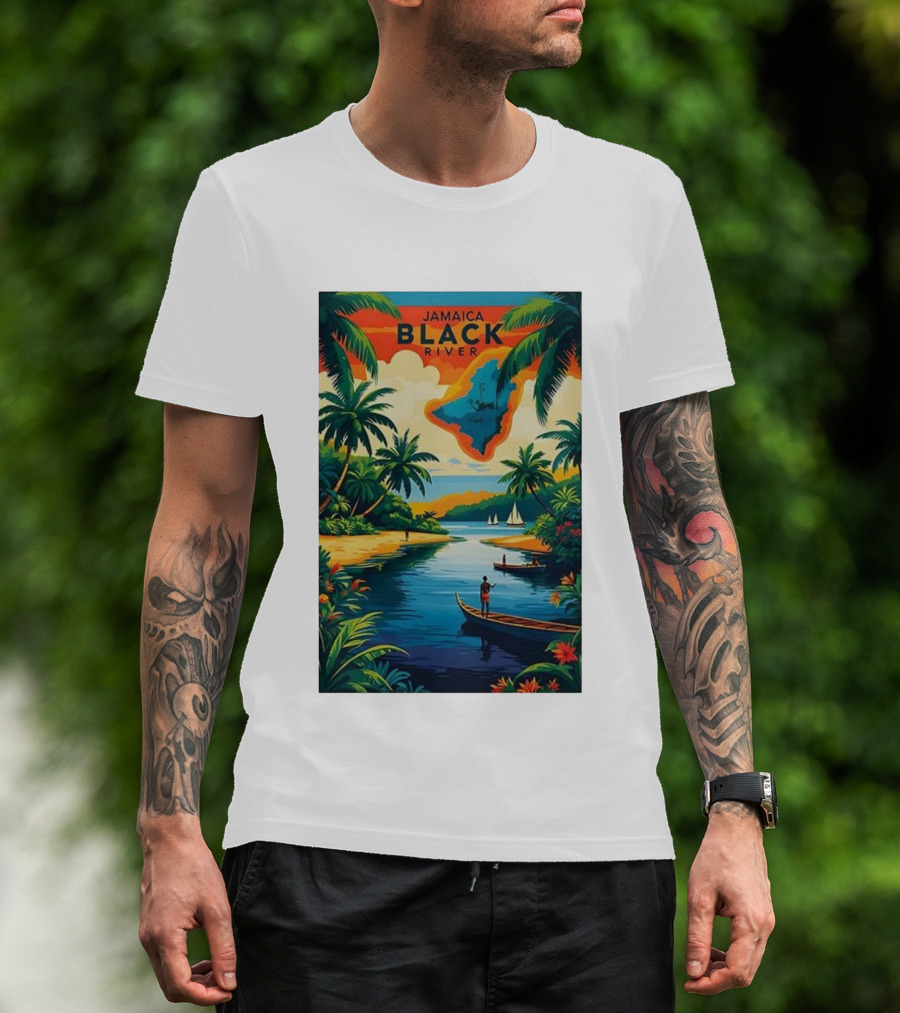 Jamaica Black River Vintage Travel Tropical Scenery With Palm Trees And Boats T-Shirt