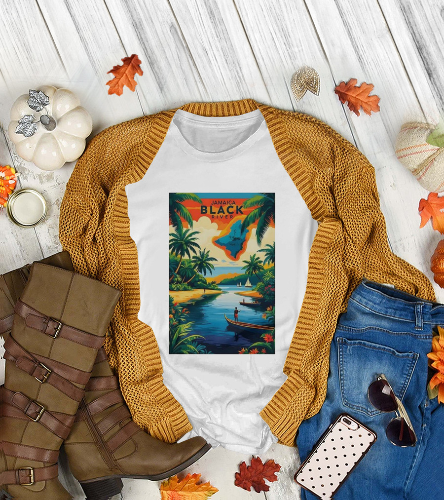 Jamaica Black River Vintage Travel Tropical Scenery with Palm Trees and Boats T-Shirt