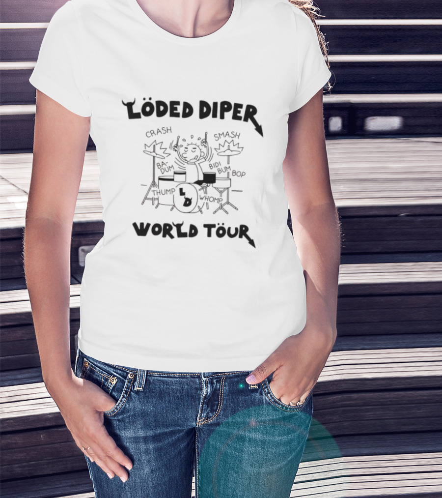 Loded Diper World Tour Thump Whomp Smash Crash Bop Bam Drummer Sketch T-Shirt