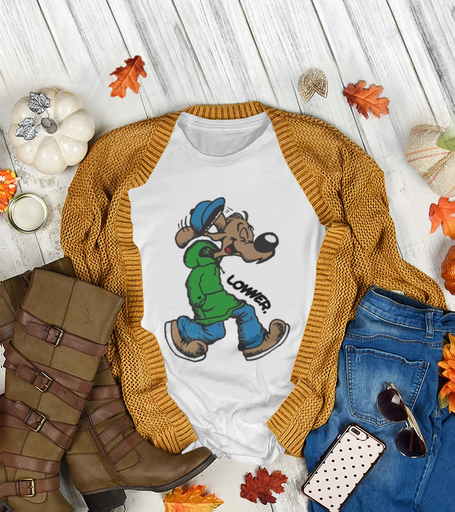 Lower Billie Hood Walkin Cartoon Character In Green And Blue Cap T-Shirt