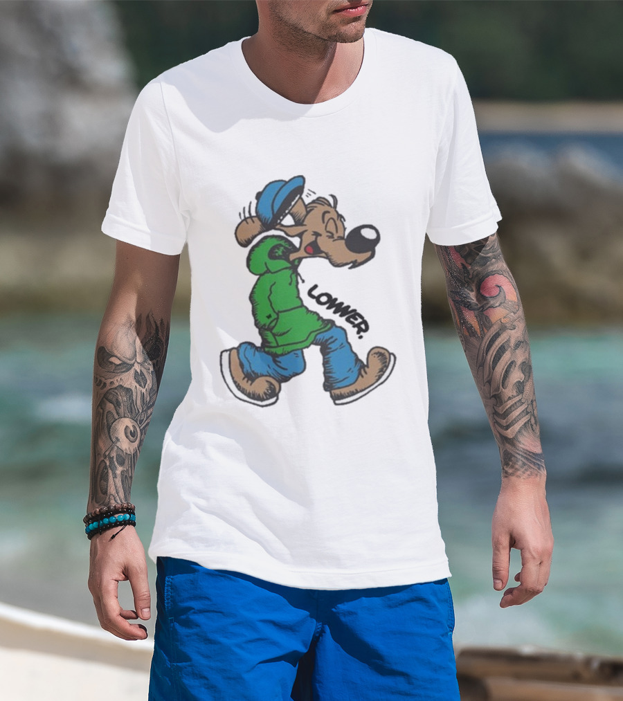 Lower Billie Hood Walkin Cartoon Character In Green And Blue Cap T-Shirt