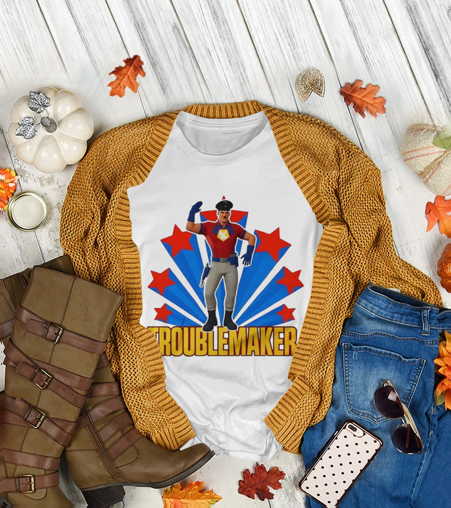 Troublemaker Character with Star Symbol and Red Blue Background T-Shirt