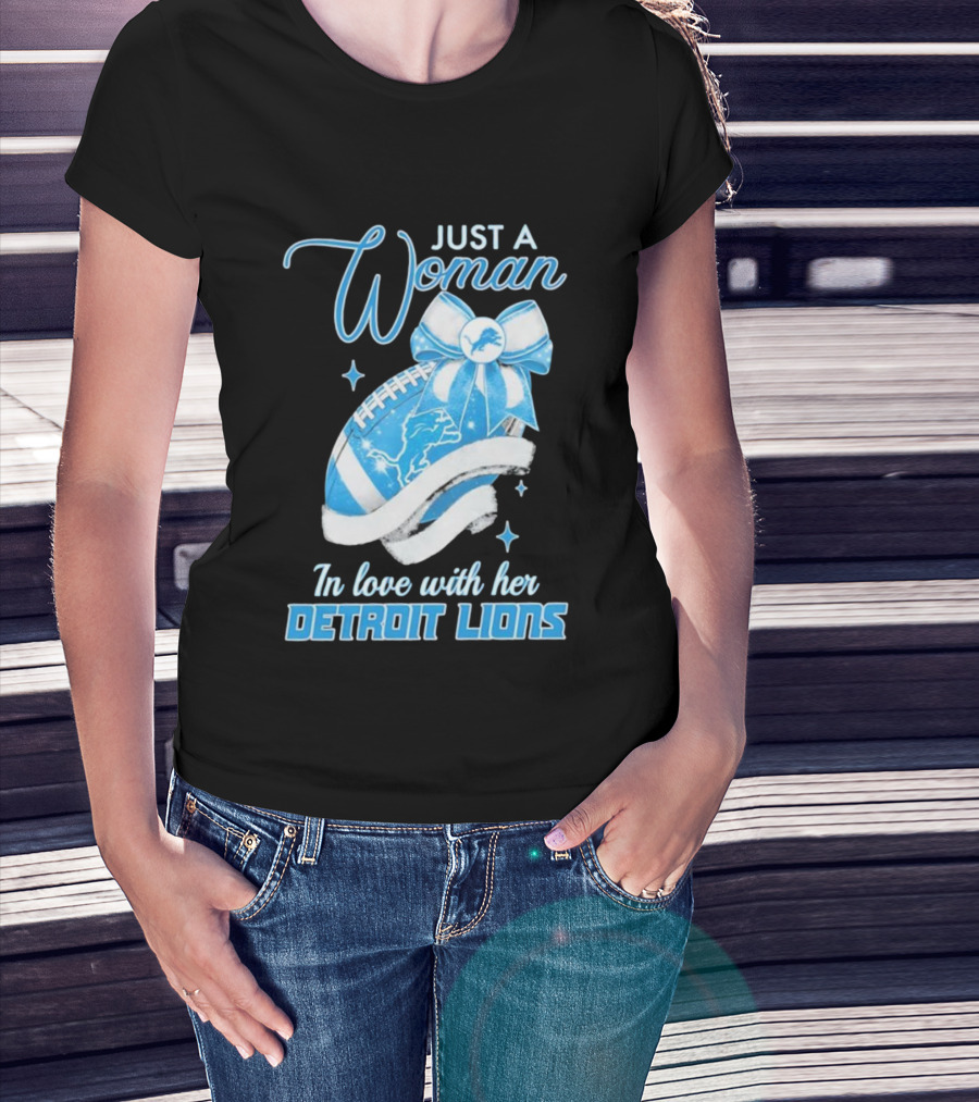 Just A Woman In Love With Her Detroit Lions Glittery Ribbon T-Shirt