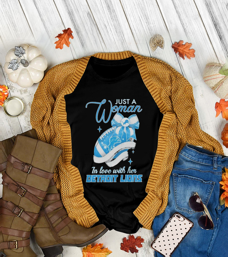 Just A Woman In Love With Her Detroit Lions Glittery Ribbon T-Shirt