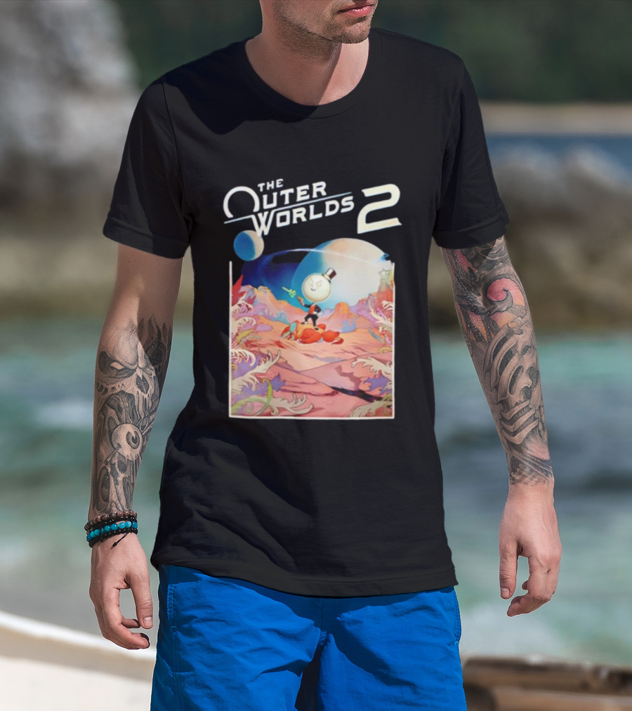 The Outer Worlds 2 Surreal Landscape With Cartoon Character T-Shirt