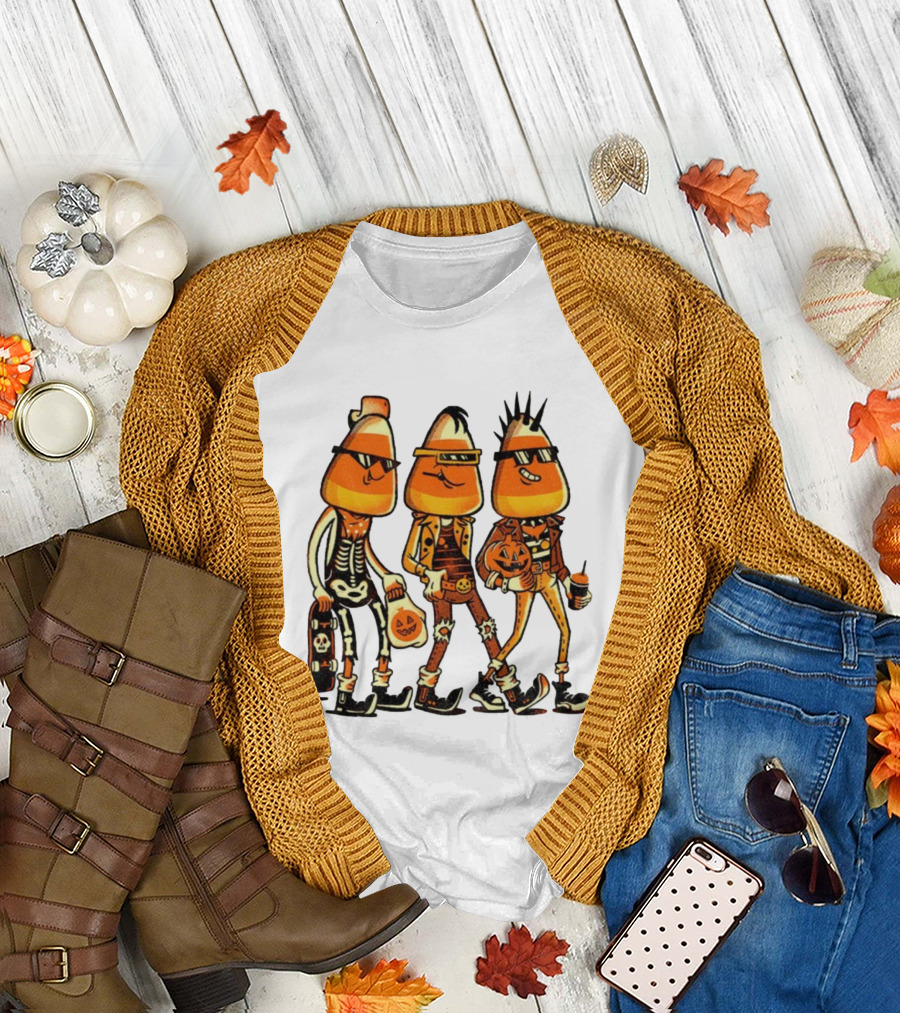 Candy Corn Punk Rock Skeleton Pumpkin Halloween Characters T-Shirt
