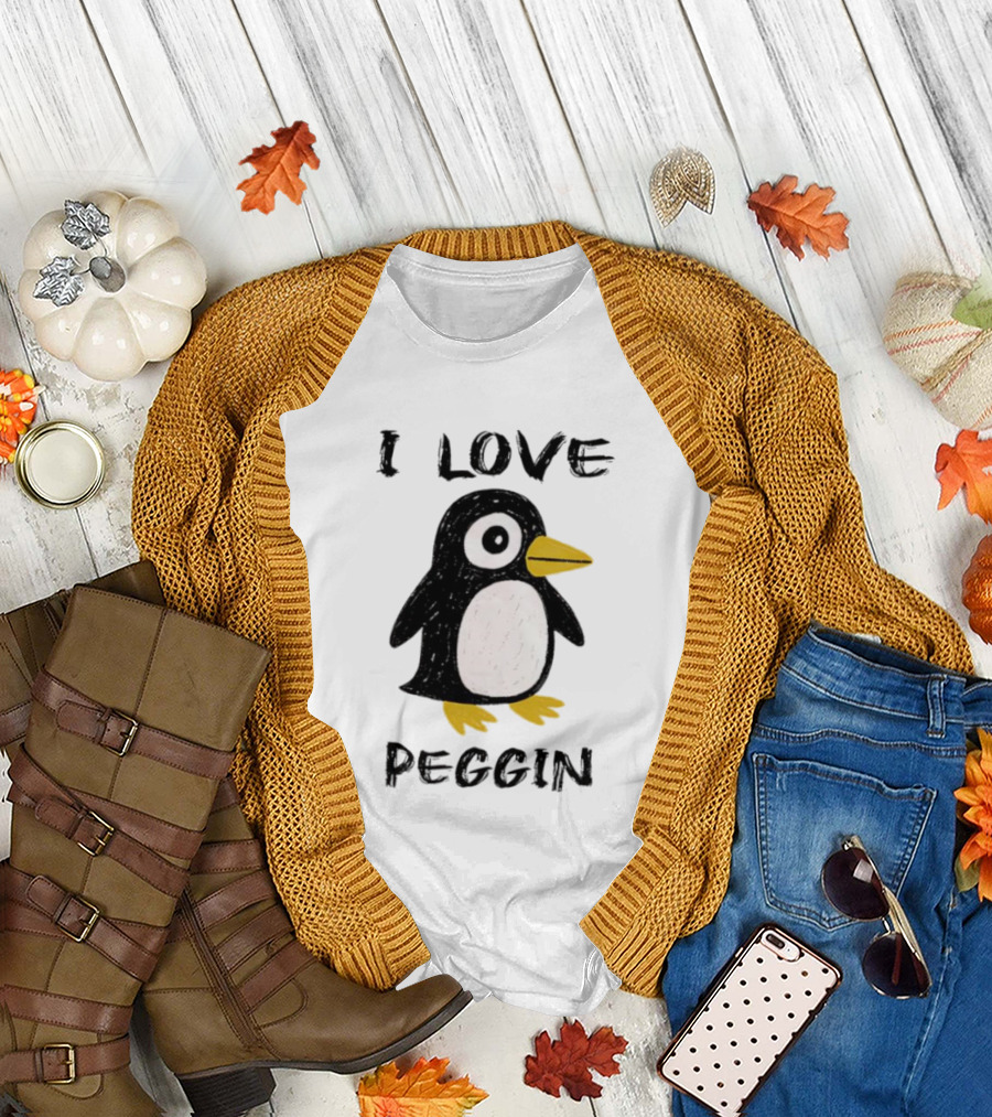 I Love Peggin Penguin Drawing Cute Cartoon Illustration T-Shirt