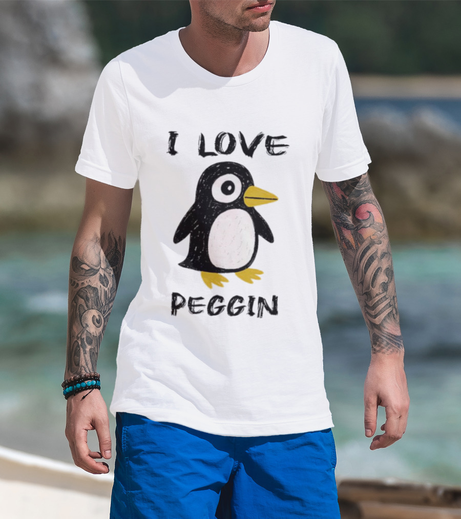 I Love Peggin Penguin Drawing Cute Cartoon Illustration T-Shirt