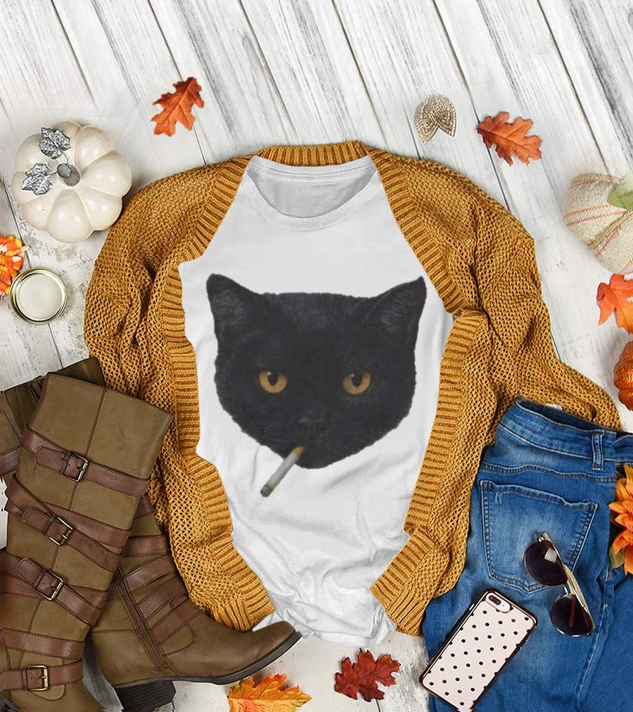 Smoking Black Cat with Yellow Eyes and Cigarette T-Shirt