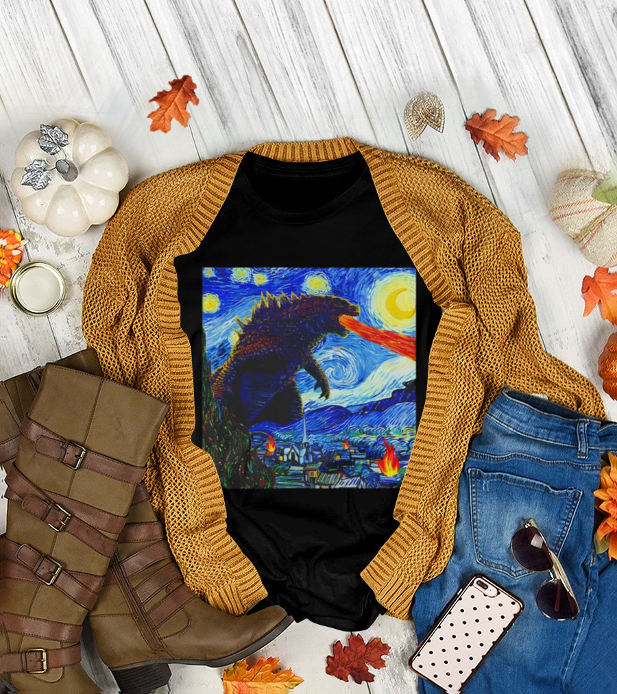Godzilla Van Gogh Starry Night Mashup Scene T-Shirt