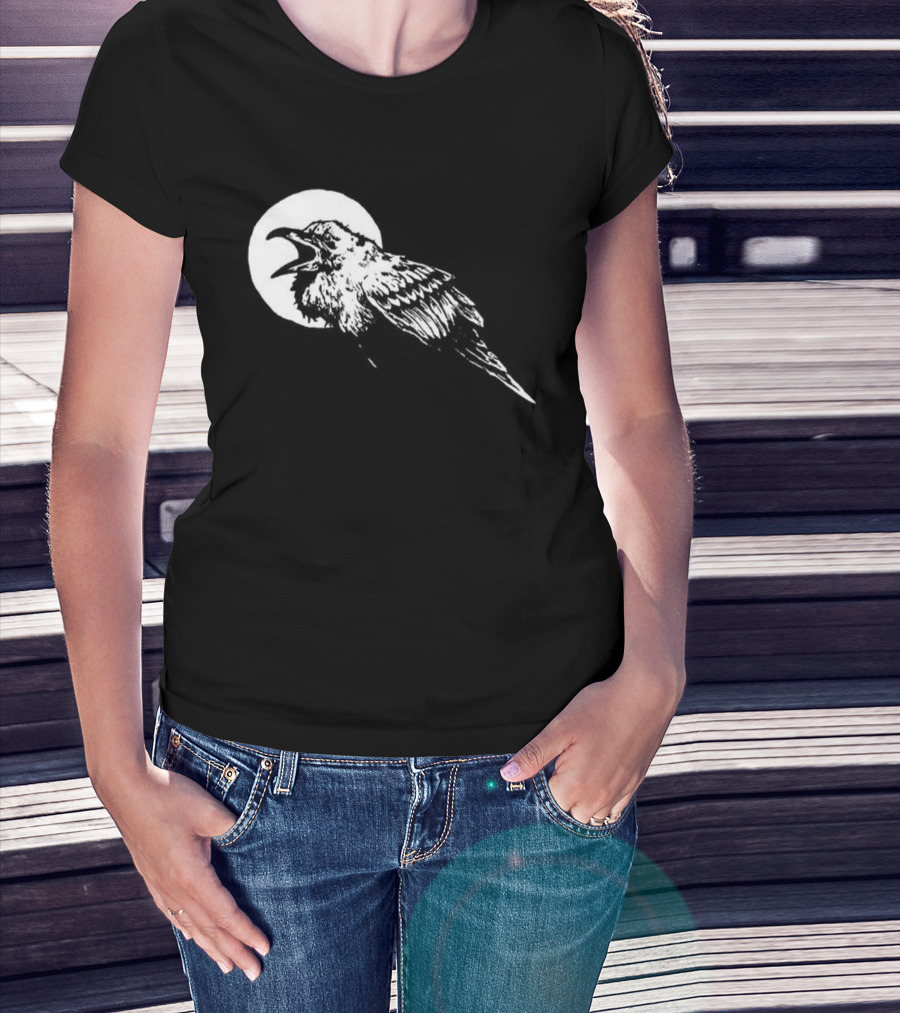Raven Crow F Caw F Vintage Retro Bird Full Moon Silhouette In Flight T-Shirt