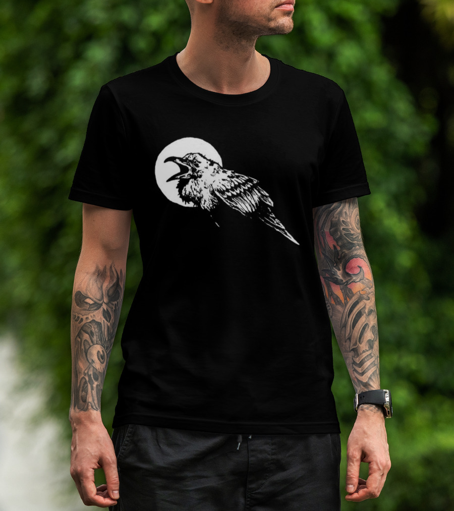 Raven Crow F Caw F Vintage Retro Bird Full Moon Silhouette In Flight T-Shirt