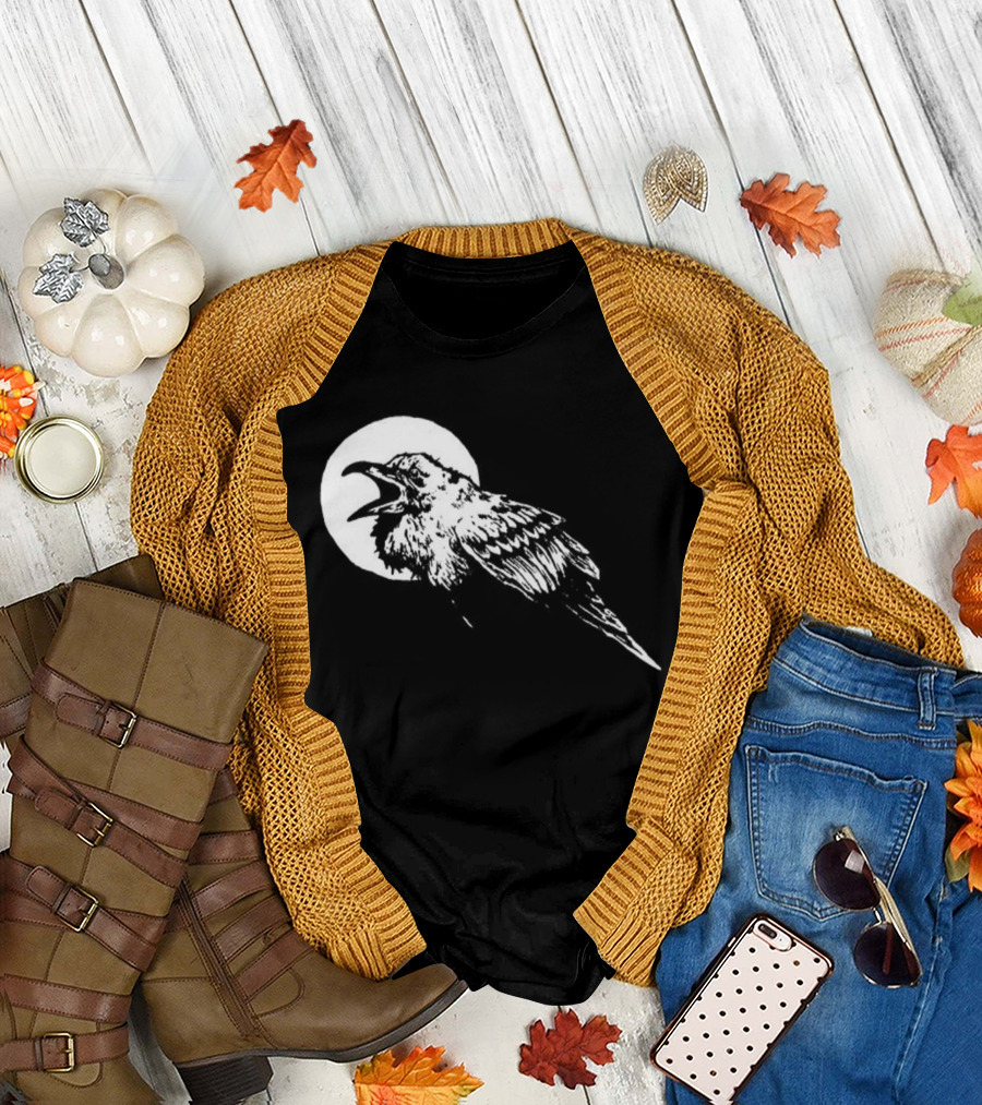Raven Crow F Caw F Vintage Retro Bird Full Moon Silhouette In Flight T-Shirt