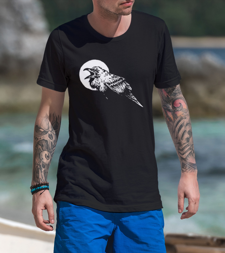 Raven Crow F Caw F Vintage Retro Bird Full Moon Silhouette In Flight T-Shirt