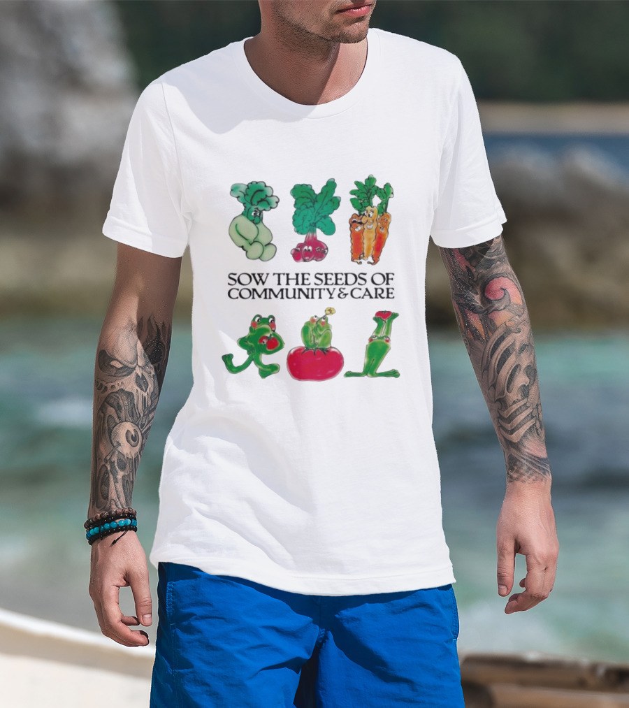 Sow The Seeds Of Community & Care With Playful Vegetable And Frog Characters T-Shirt