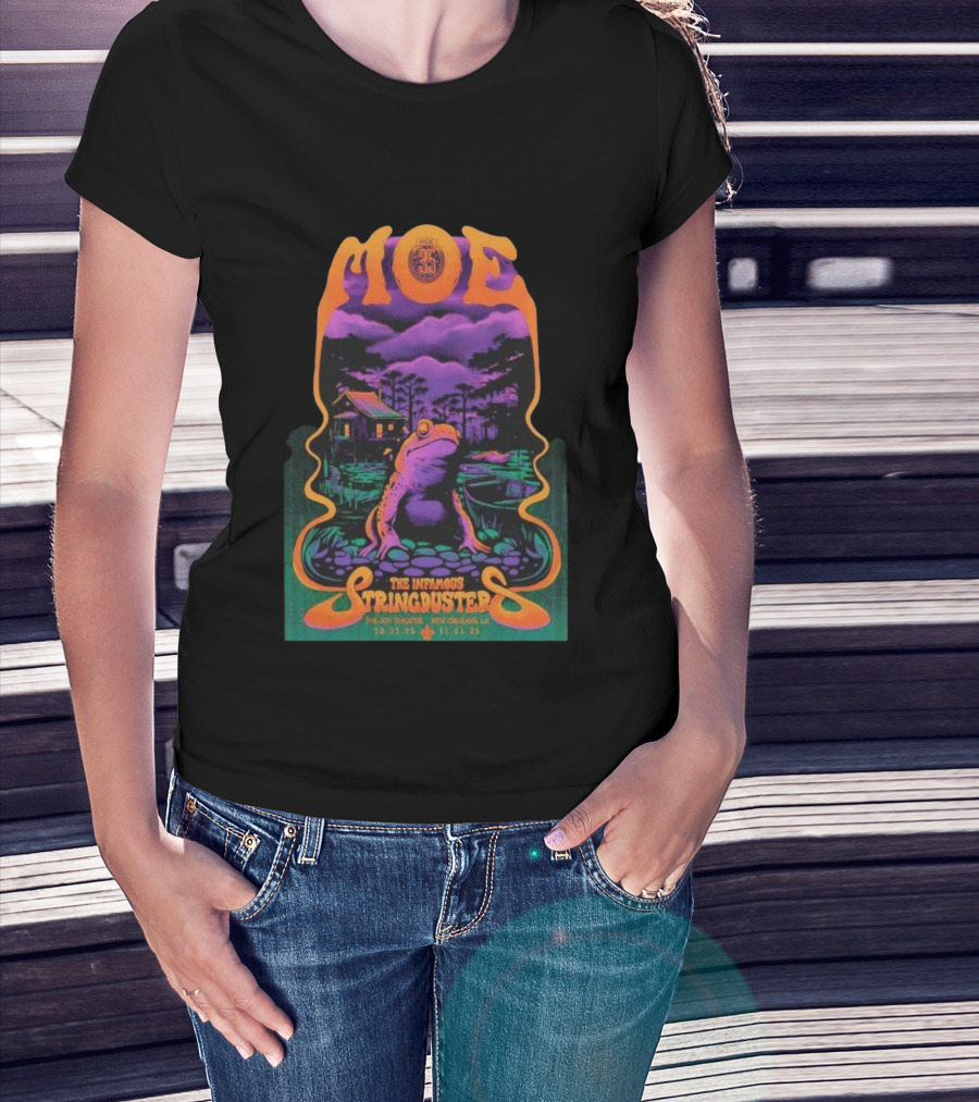 Moe. The Infamous Stringduster Halloween 2025 New Orleans Joy Theater Frog Swamp Scene T-Shirt