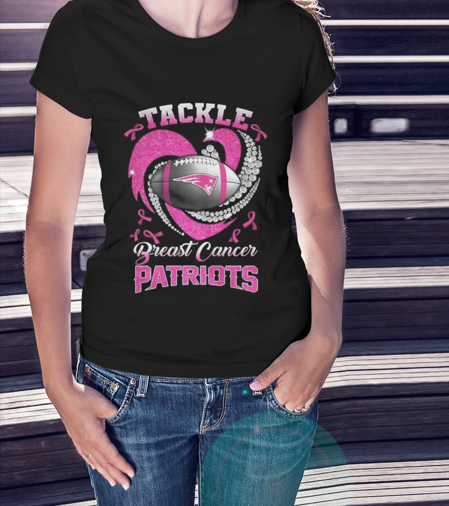 Tackle Breast Cancer New England Patriots Pink Ribbon Heart Football T-Shirt