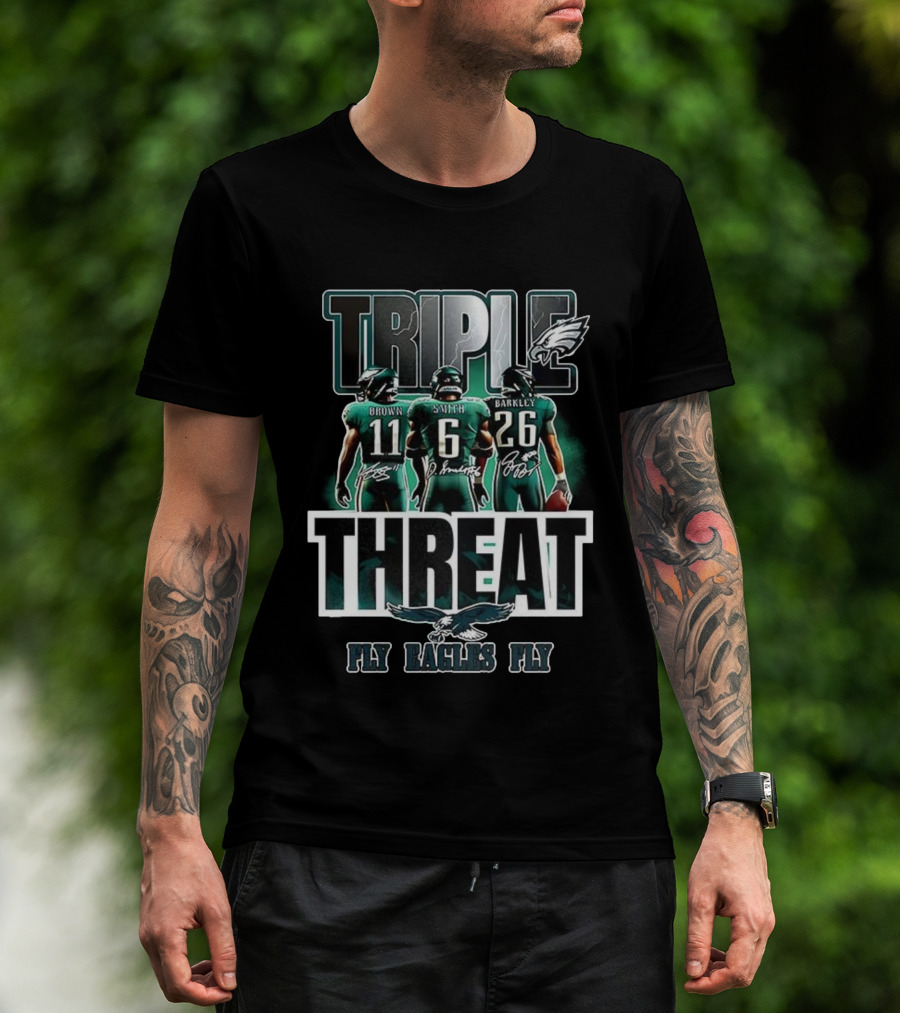 Philadelphia Eagles 2025 Triple Threat Fly Eagles Fly Brown Smith Barkley T-Shirt