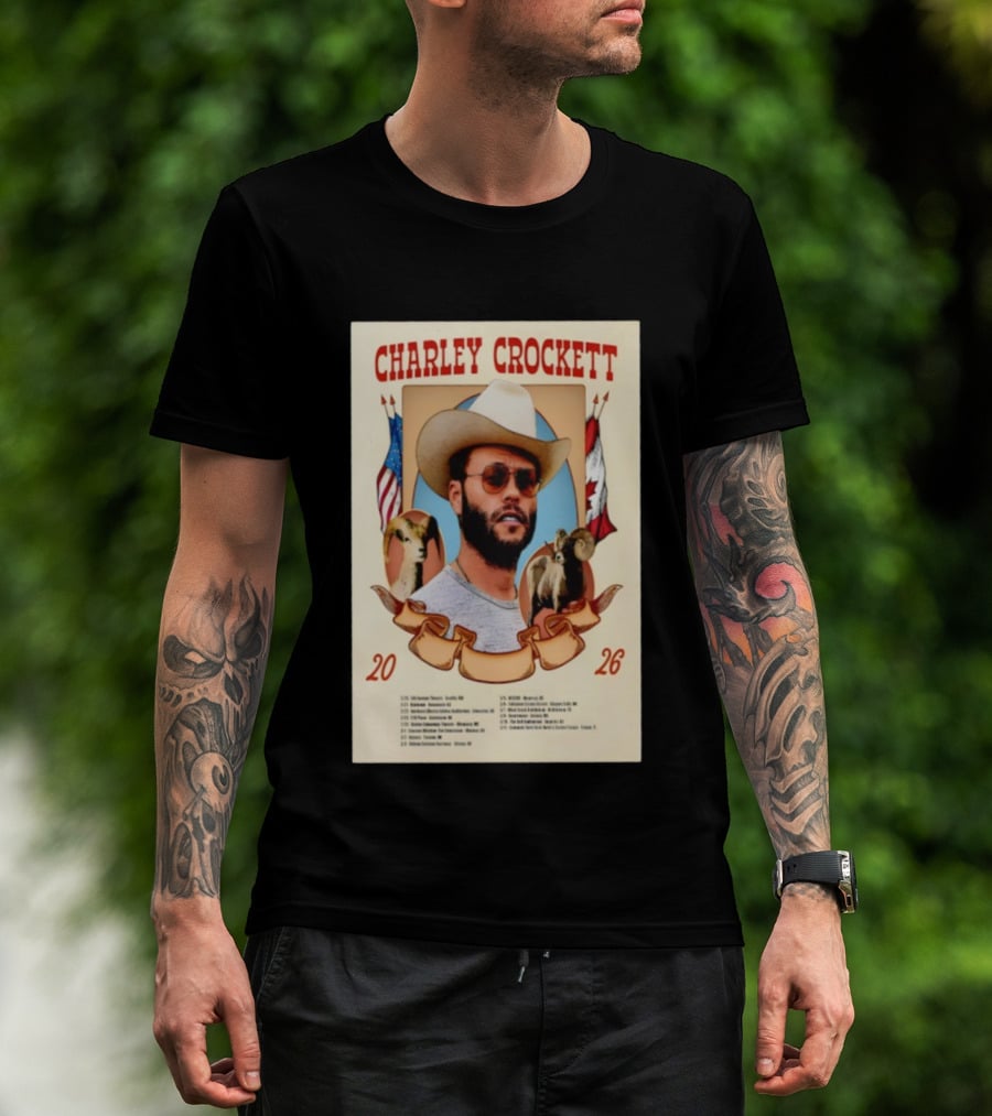 Charley Crockett Tour 2026 American Canadian Flags Vintage Style T-Shirt