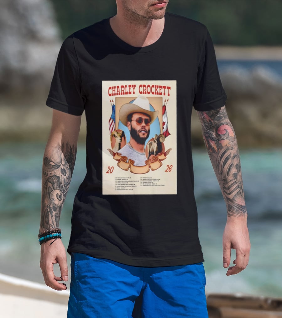 Charley Crockett Tour 2026 American Canadian Flags Vintage Style T-Shirt