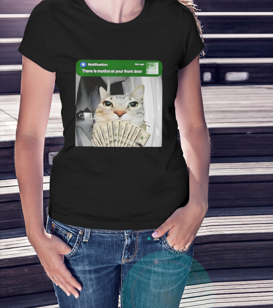 Notification Funny Cat Meme Motion At Your Front Door Money T-Shirt