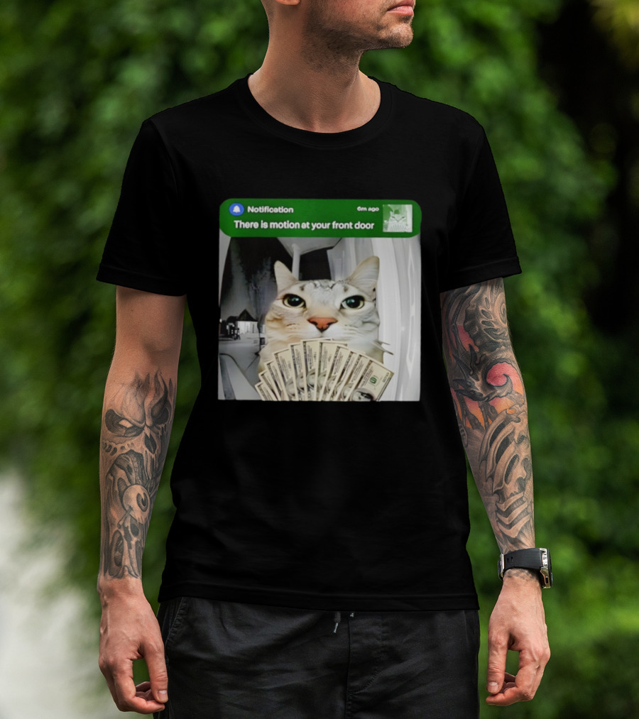 Notification Funny Cat Meme Motion At Your Front Door Money T-Shirt