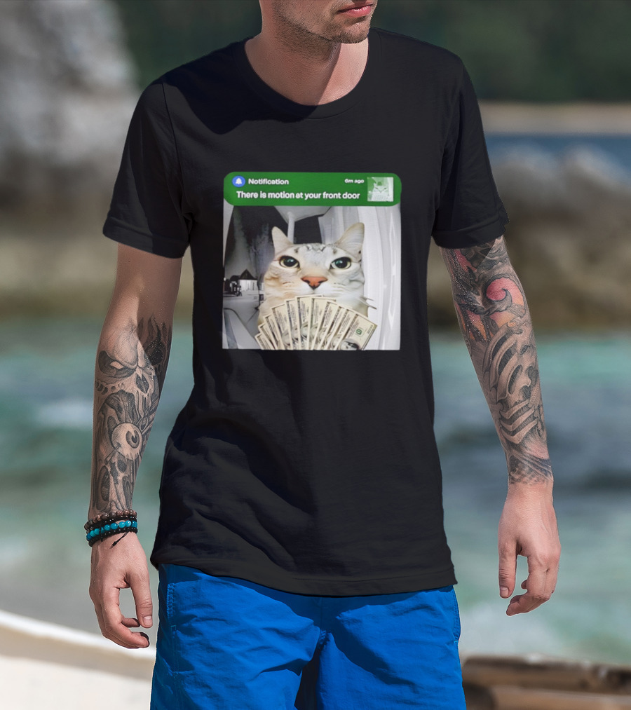 Notification Funny Cat Meme Motion At Your Front Door Money T-Shirt