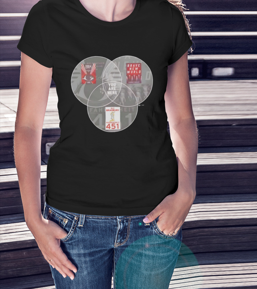 You Are Here 1984 Brave New World Fahrenheit 451 Dystopia Venn Diagram T-Shirt