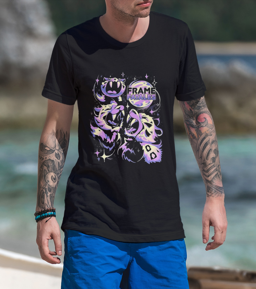 Three Faith Moon Frame Fatales Neon Pastel Feline Faces T-Shirt