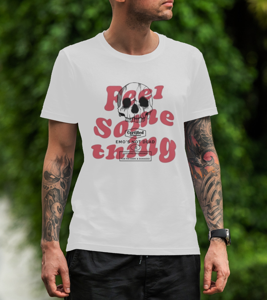 Emo’s Not Dead Feel Something Skull Vintage Style Pink Text T-Shirt